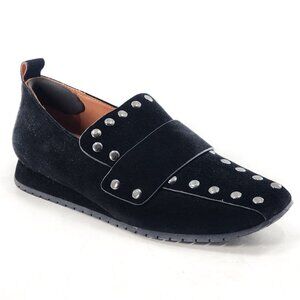 L'AMOUR DES PIEDS Studded Suede Loafer Low Wedge Shoes Black Square Toe